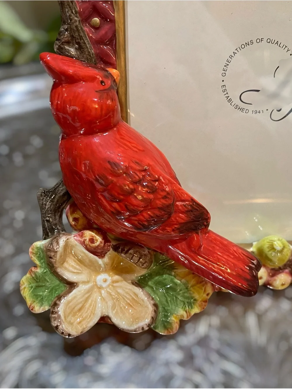 Vintage Lefton Porcelain Red Cardinal Bird Easel Picture Frame 4 x 5 Photo